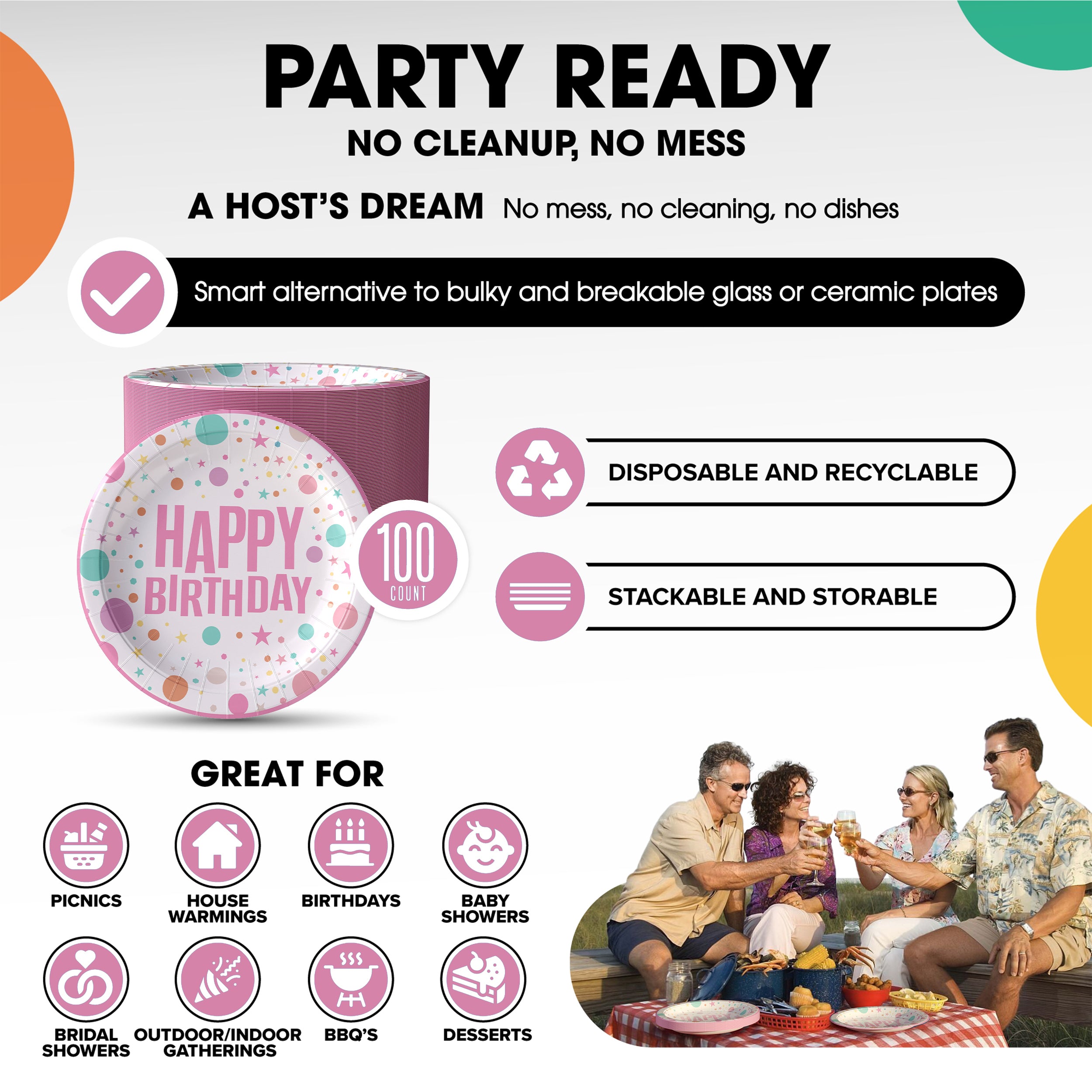 9 In. Pink Birthday Print Paper Plates | 500 Count