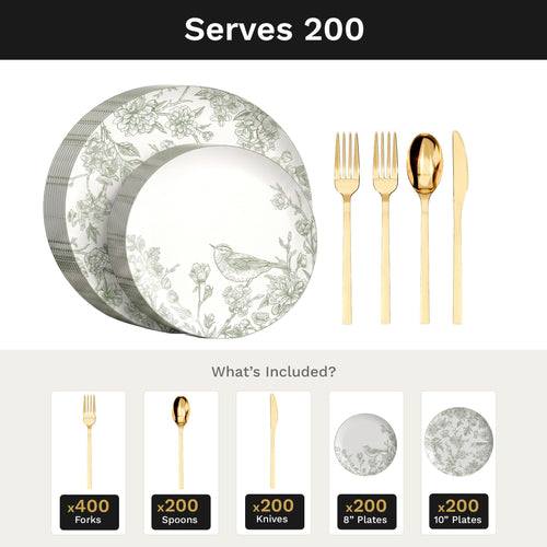Earthtrends Yaffa Deluxe Set | Plates & Gold Cutlery | Serves 200