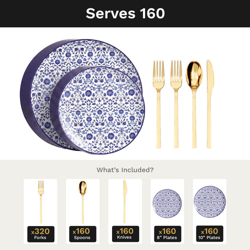 Earthtrends Florentine Deluxe Set | Plates & Gold Cutlery | Serves 160