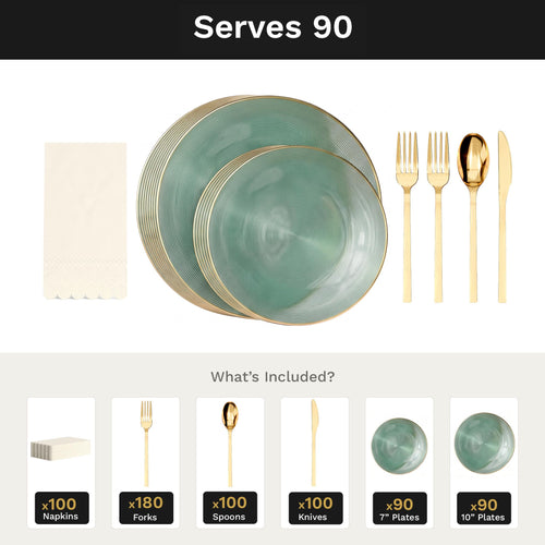 Green Luster Ultimate Set | Plates, Gold Cutlery & Napkins | Serves 90