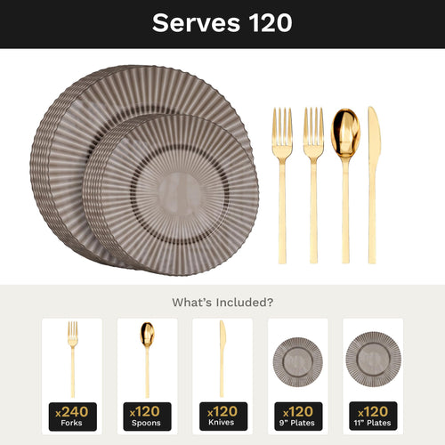 Topaz Gemstone Deluxe Set | Plates & Gold Cutlery | Serves 120