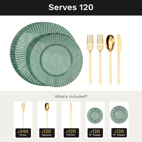 Emerald Gemstone Deluxe Set | Plates & Gold Cutlery | Serves 120