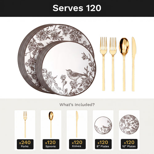 Rustik Deluxe Set | Plates & Gold Cutlery | Serves 120