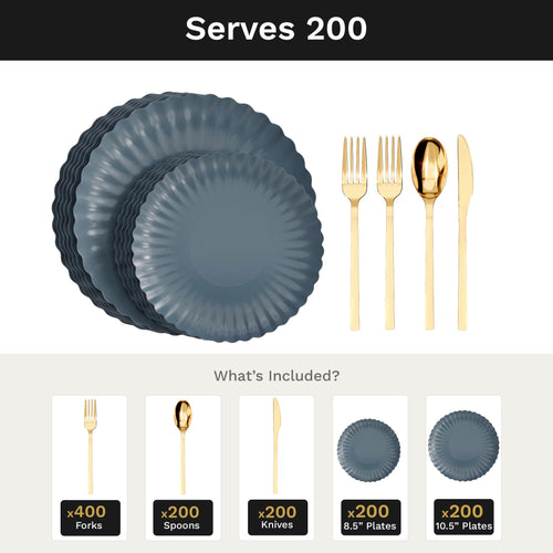 Scalloped Slate Blue Deluxe Set | Plates & Gold Cutlery | Serves 200