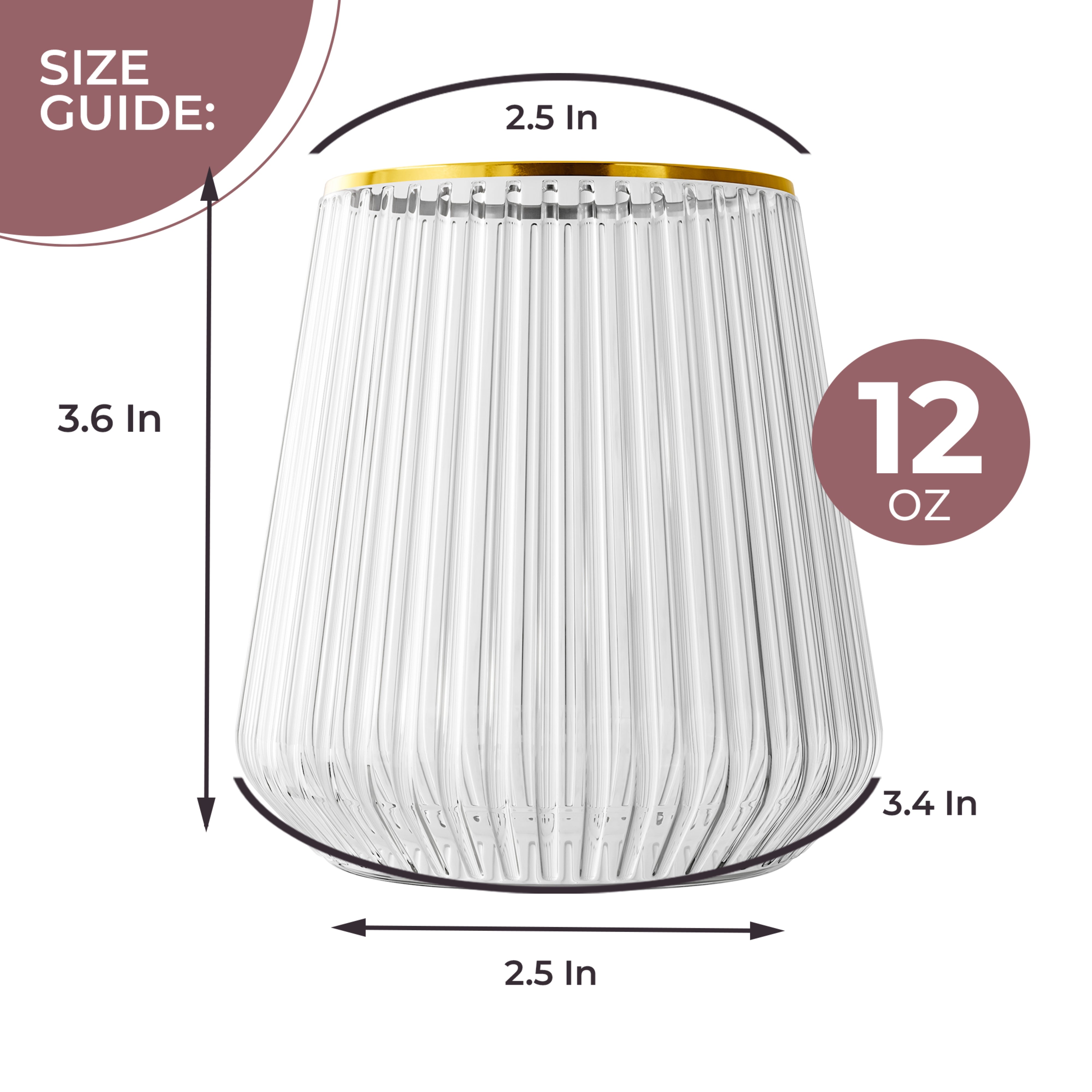 12 Oz. Stemless Ridged Wine Tumbler 24 Count | Clear/Gold