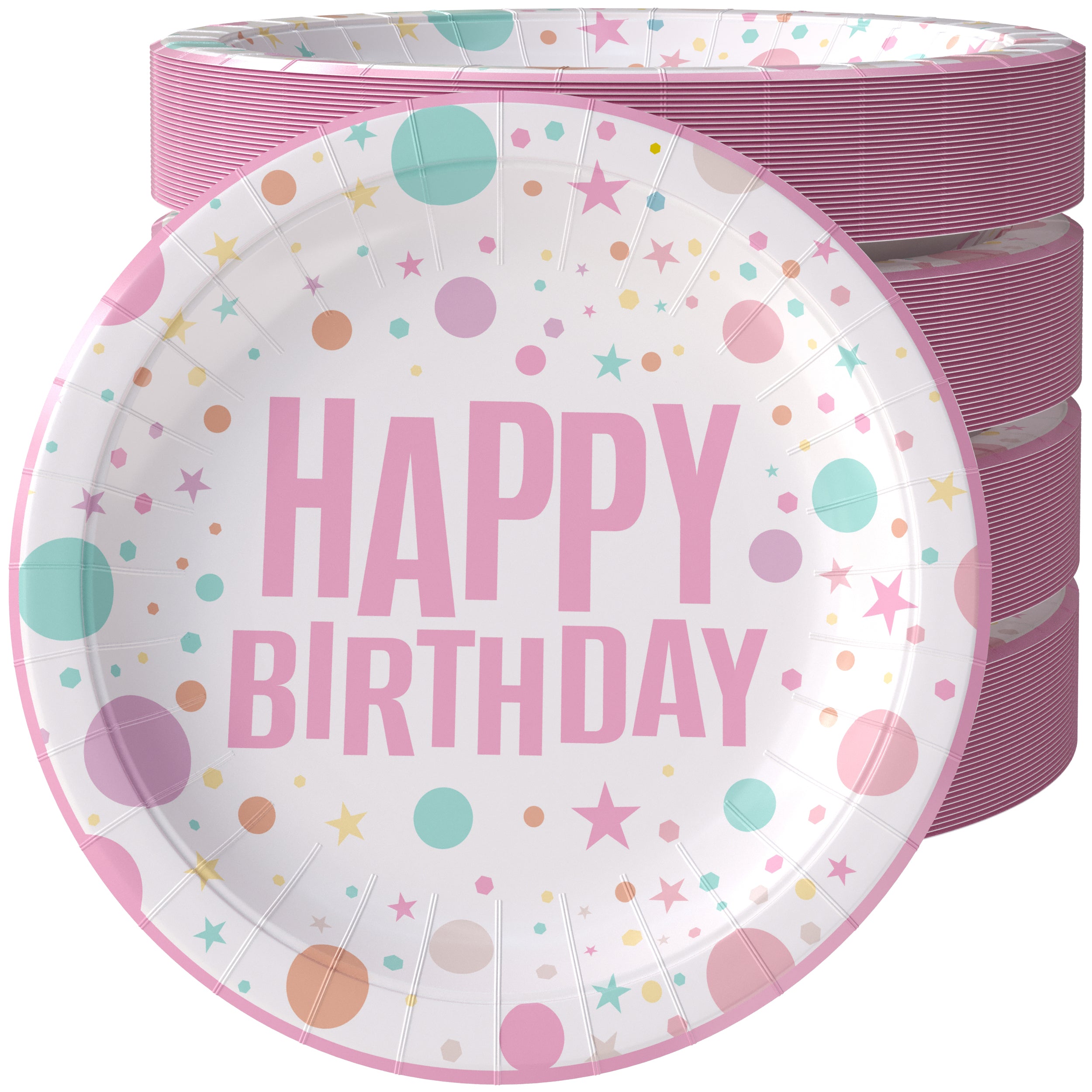 9 In. Pink Birthday Print Paper Plates | 500 Count