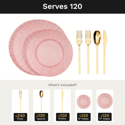 Rose Quartz Gemstone Deluxe Set | Plates & Gold Cutlery | Serves 120
