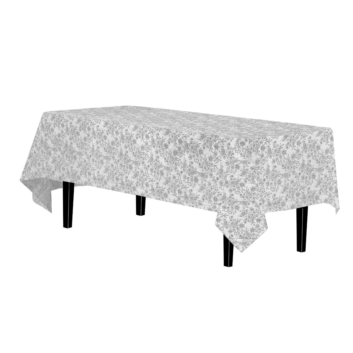 Silver Floral Printed Plastic Tablecloth | 48 Count