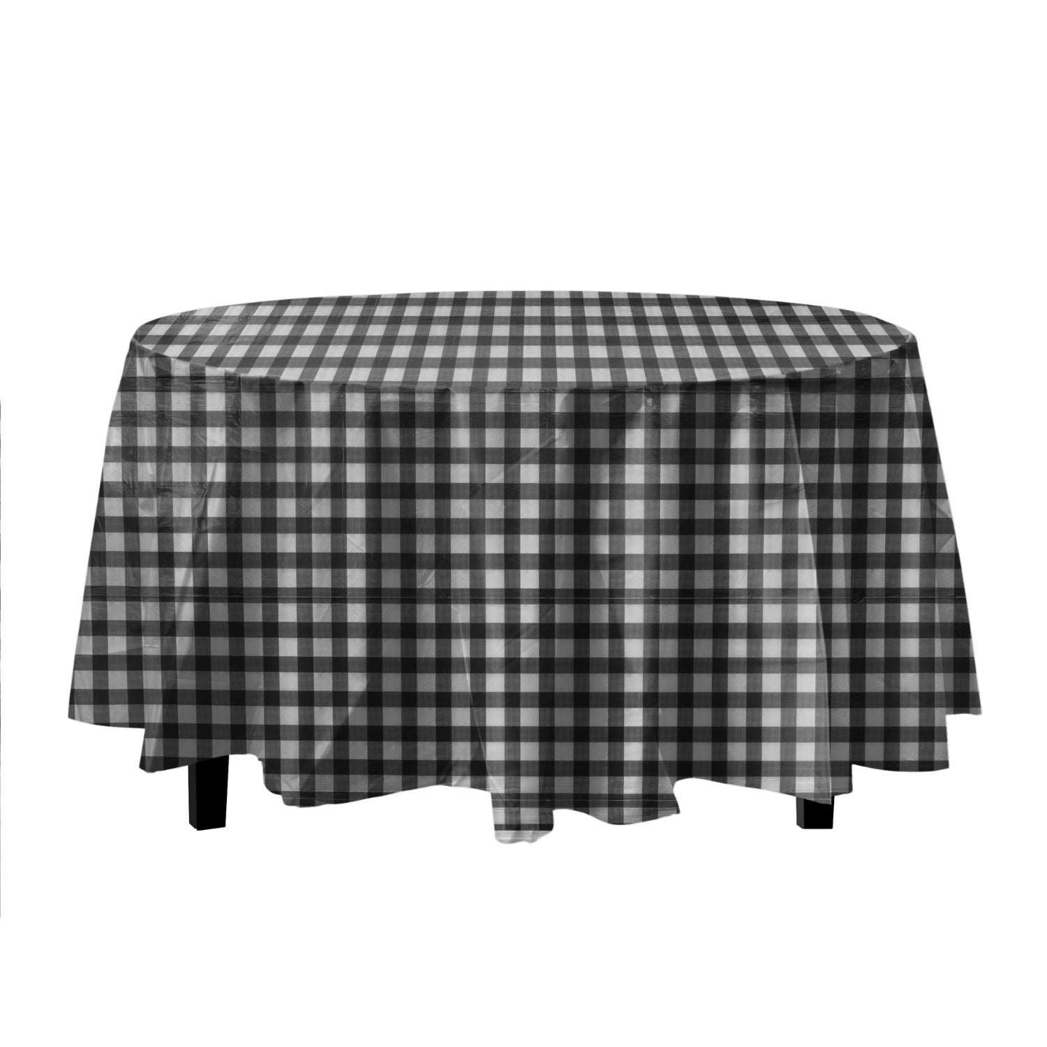 Black Gingham Printed Plastic Round Tablecloth | 48 Count
