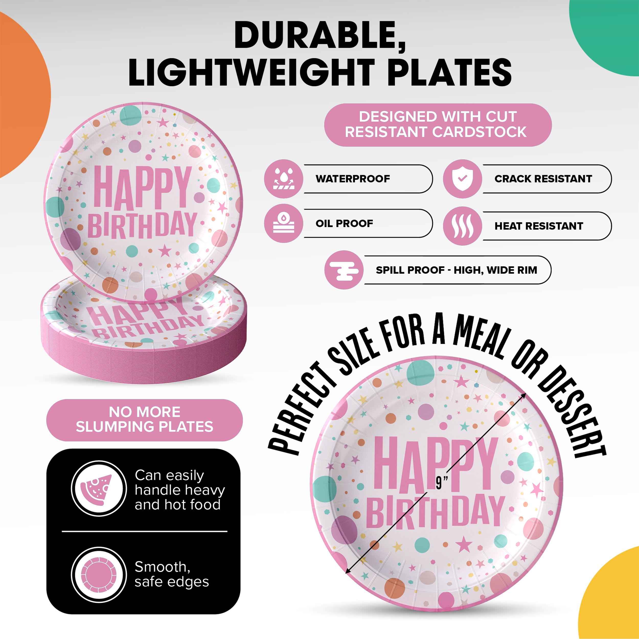 9 In. Pink Birthday Print Paper Plates | 500 Count