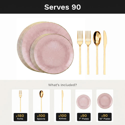 Pink Burst Deluxe Set | Plates & Gold Cutlery | Serves 90