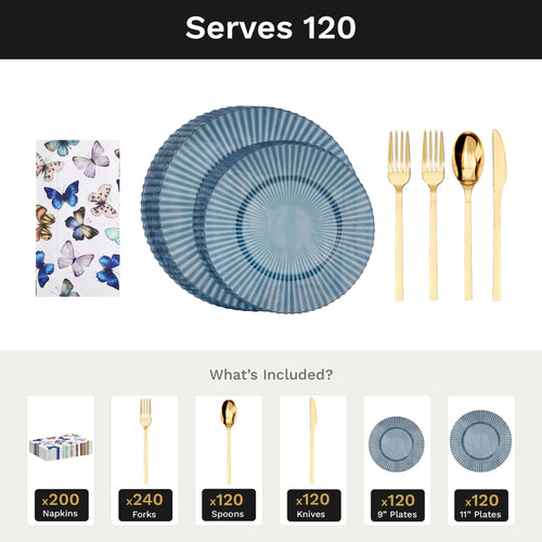 Sapphire Gemstone Ultimate Set | Plates, Gold Cutlery & Napkins | Serves 120