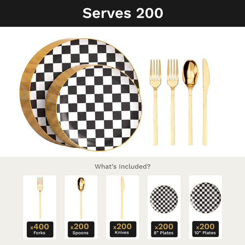 Earthtrends Checkerboard Deluxe Set | Plates & Gold Cutlery | Serves 200