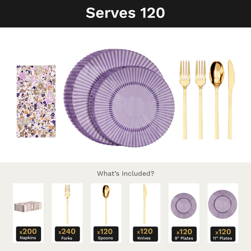 Amethyst Gemstone Ultimate Set | Plates, Gold Cutlery & Napkins | Serves 120