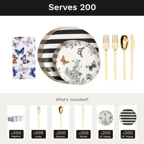 Earthtrends Monarch Ultimate Set | Plates, Gold Cutlery & Napkins | Serves 200