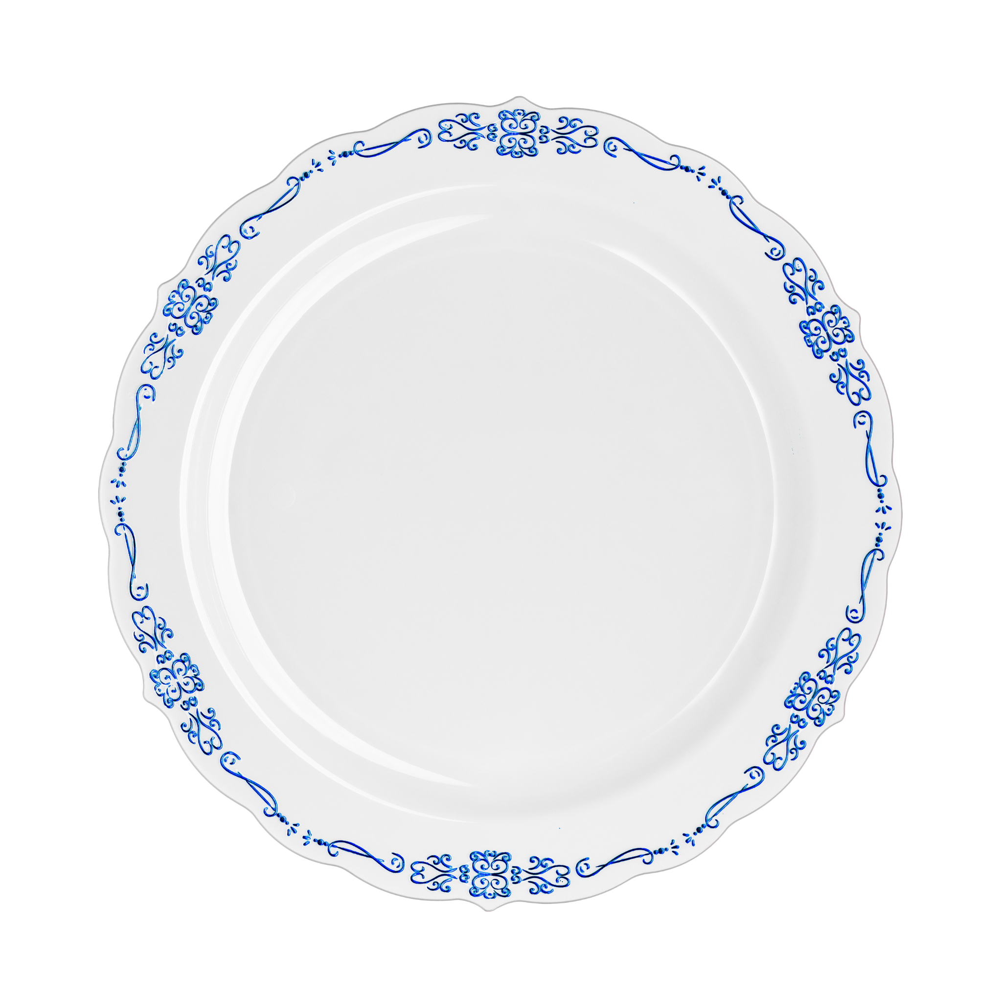 10.25" White / Navy Victorian Design Plastic Plates (120 Count)