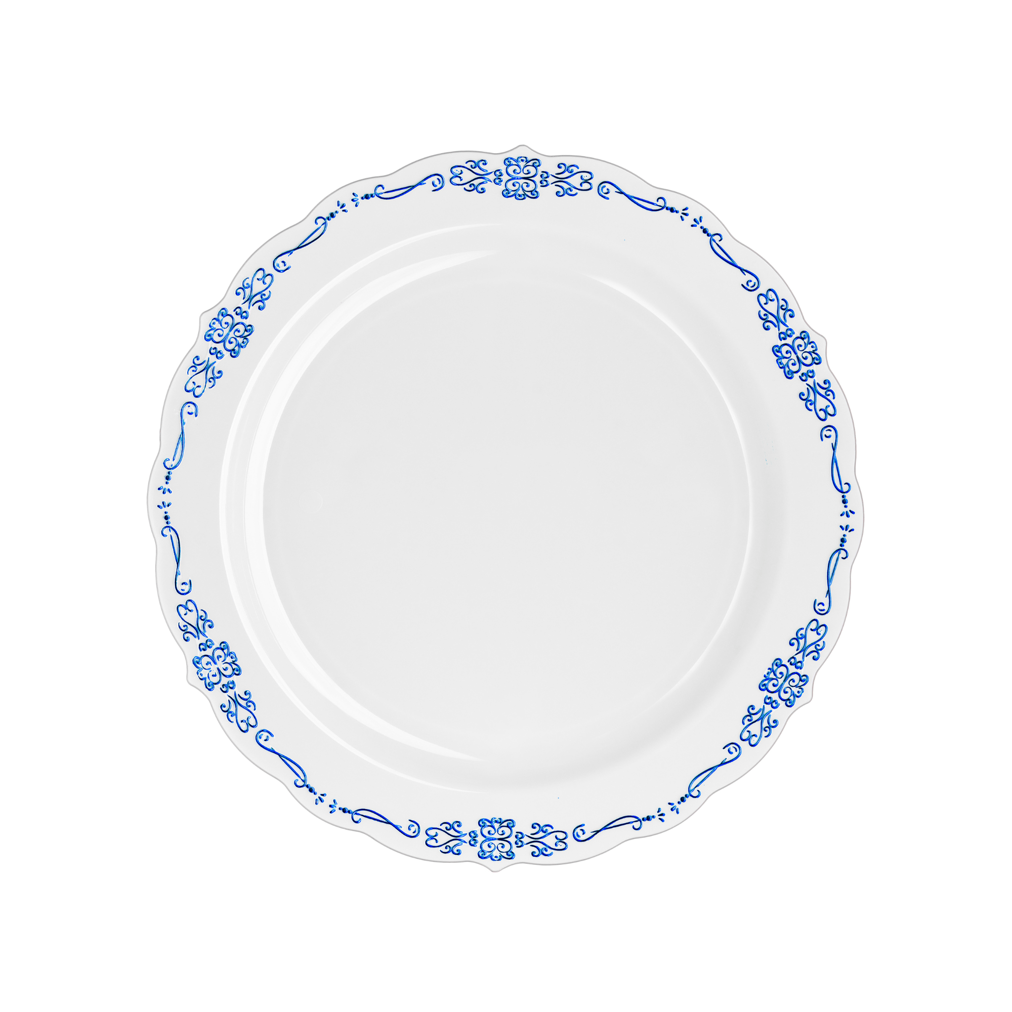 9" White / Navy Victorian Design Plastic Plates (120 Count)