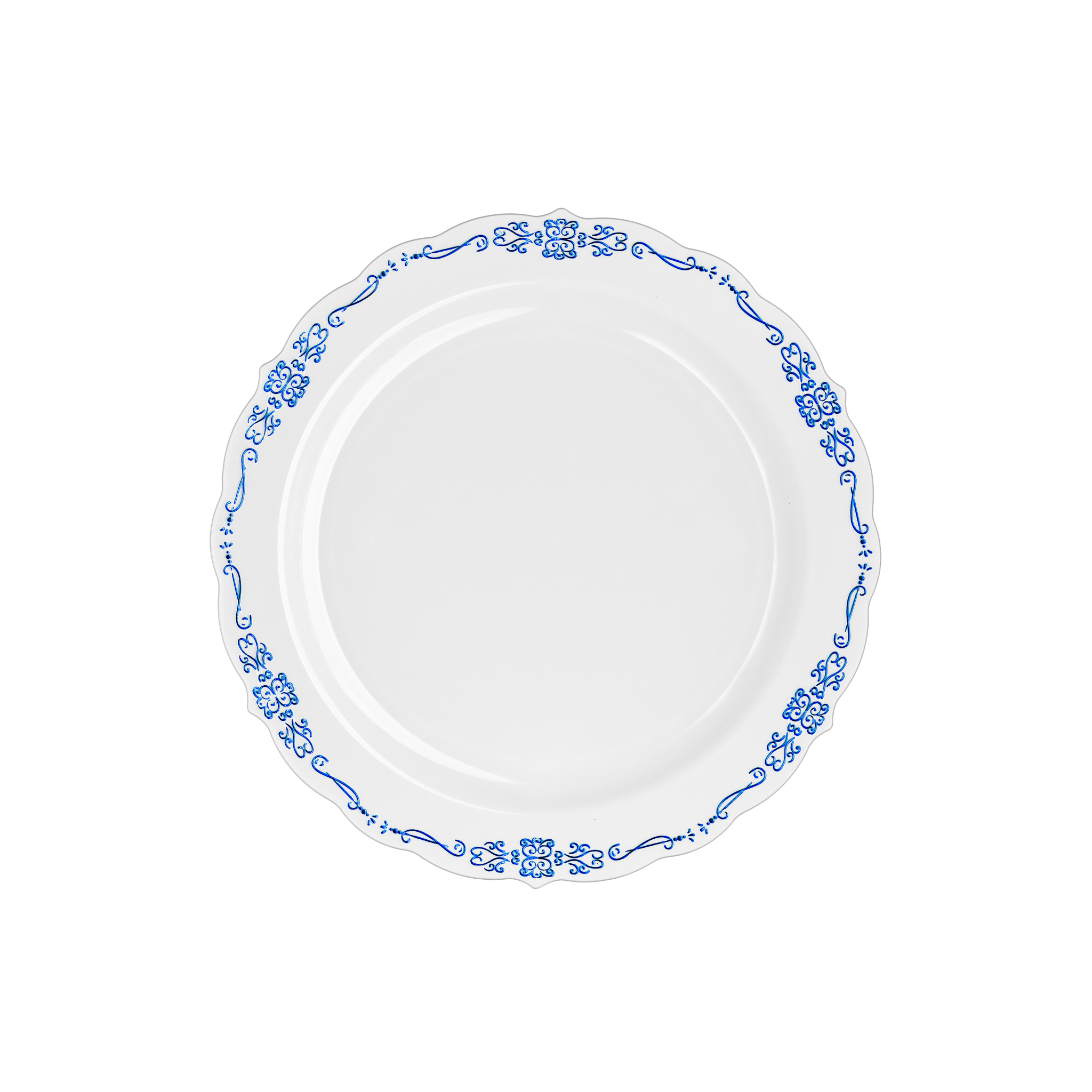 7.5" White / Navy Victorian Design Plastic Plates (120 Count)