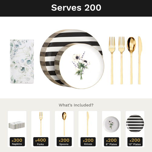 Earthtrends Anemone Ultimate Set | Plates, Gold Cutlery & Napkins | Serves 200