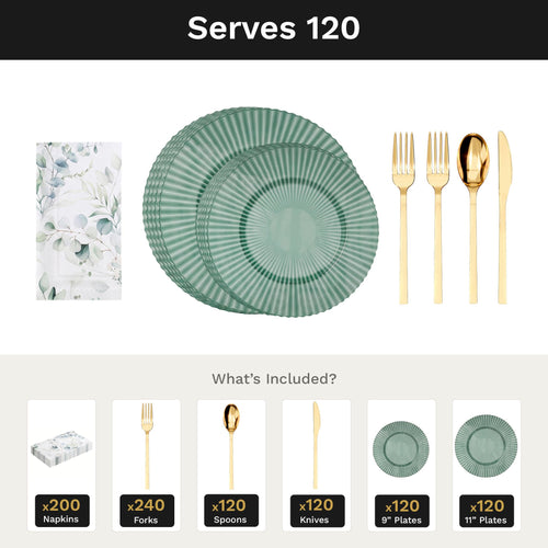 Emerald Gemstone Ultimate Set | Plates, Gold Cutlery & Napkins | Serves 120