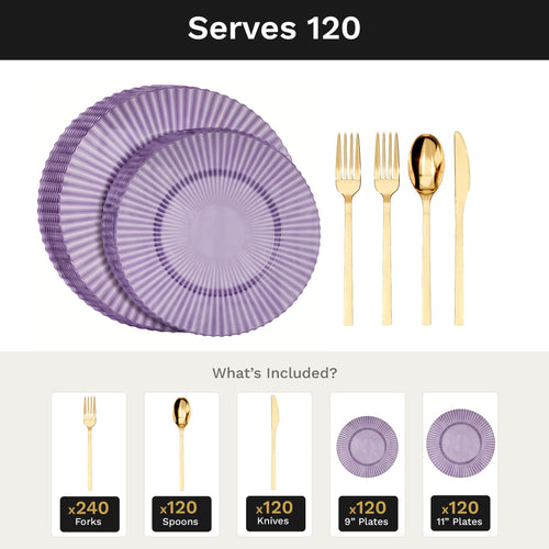 Amethyst Gemstone Deluxe Set | Plates & Gold Cutlery | Serves 120