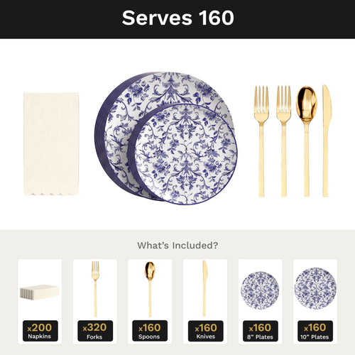 Earthtrends Chantilly Ultimate Set | Plates, Gold Cutlery & Napkins | Serves 160