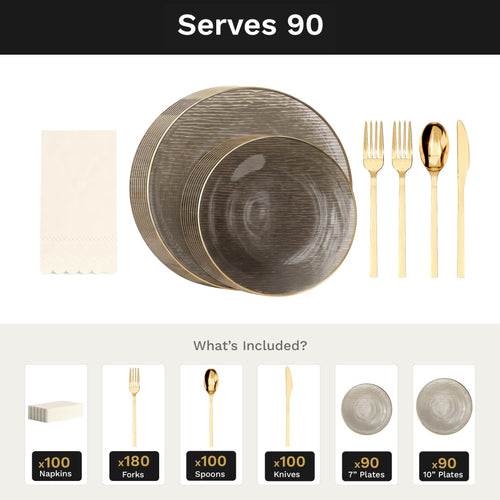 Smoke Weave Ultimate Set | Plates, Gold Cutlery & Napkins | Serves 90