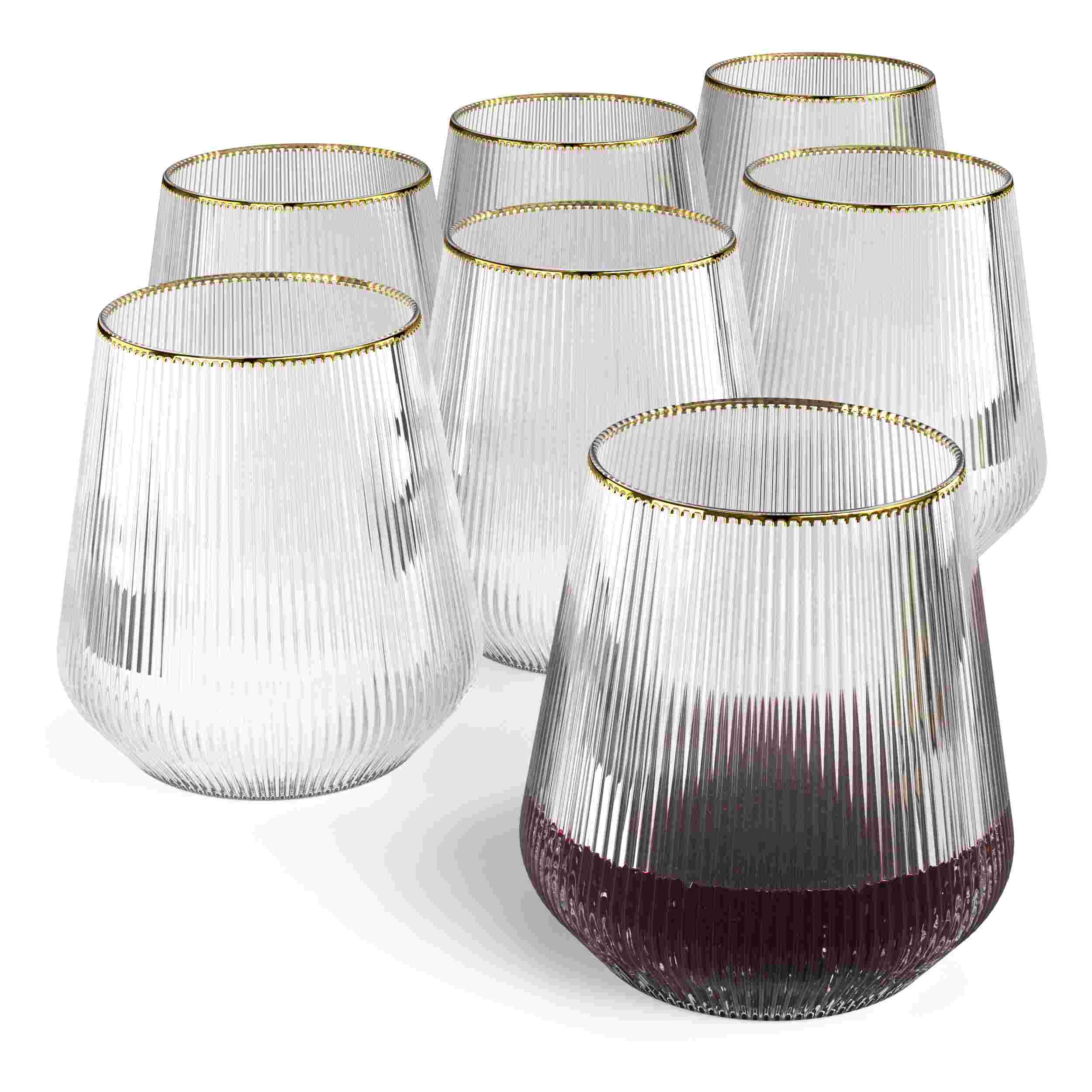 12 Oz. Stemless Ridged Wine Tumbler 24 Count | Clear/Gold