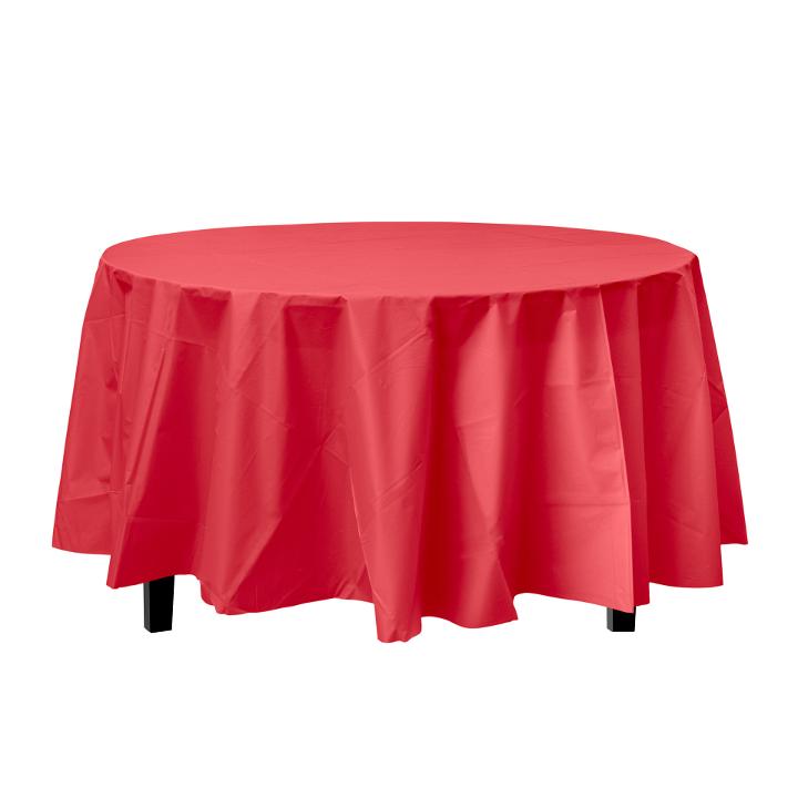 Premium Round Red Plastic Tablecloth | 96 Count