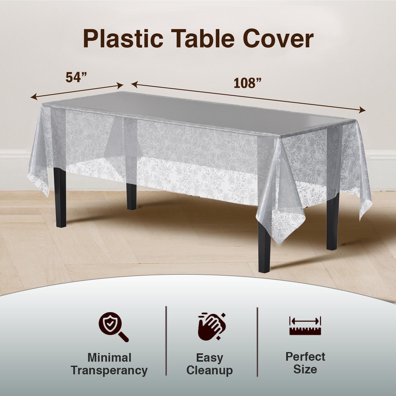 Premium Silver Floral Plastic Tablecloth | 12 Count