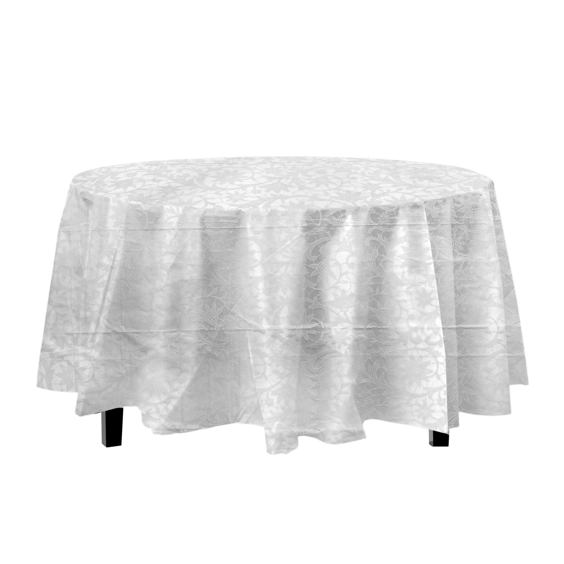 84in. Round Printed Plastic Table Cover White Lace | 48 Count