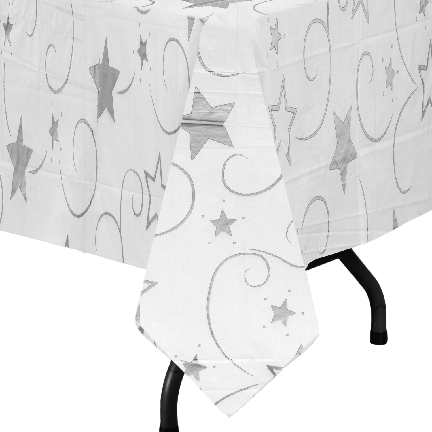Silver Stars Printed Plastic Tablecloth | 48 Count