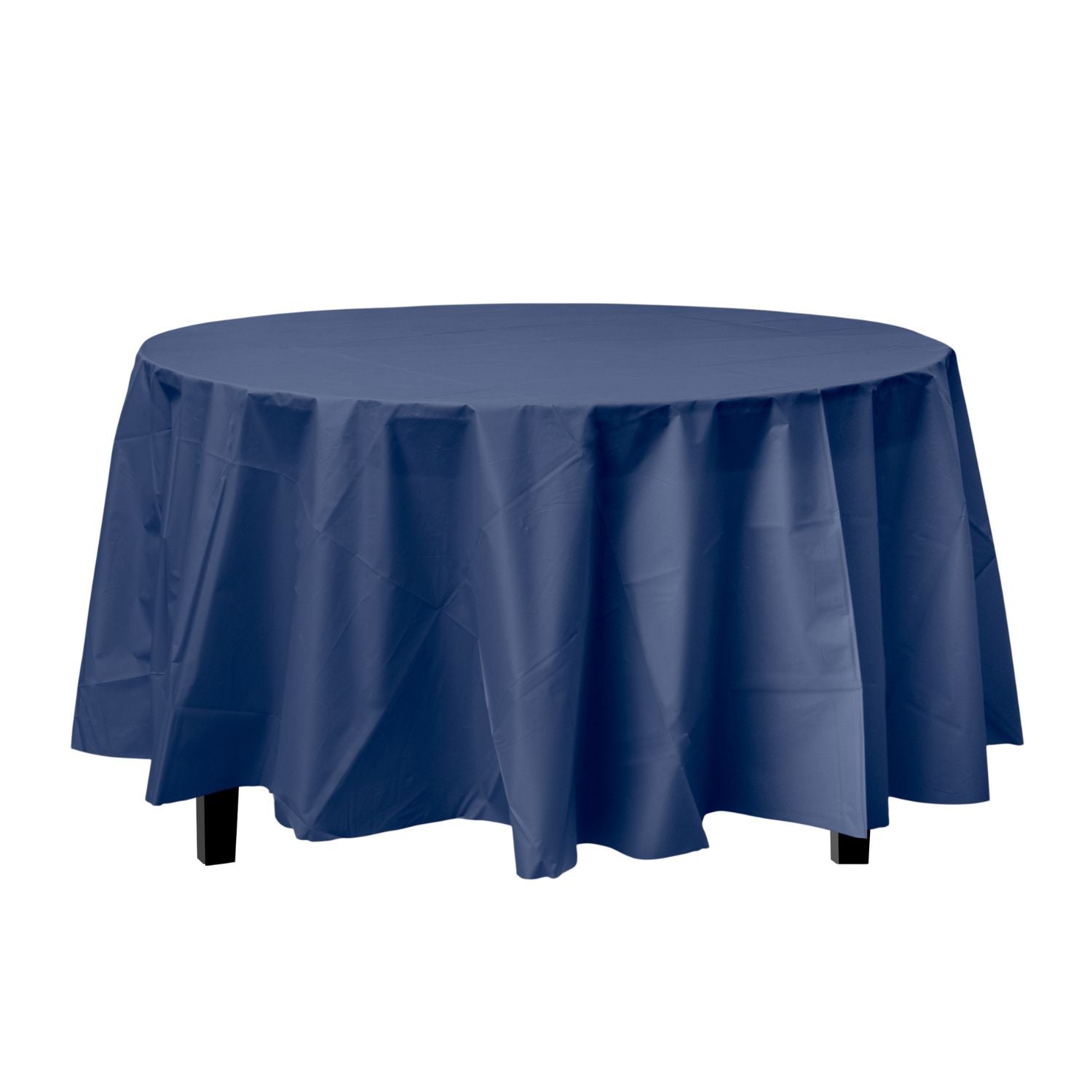 Premium Round Navy Plastic Tablecloth | 96 Count