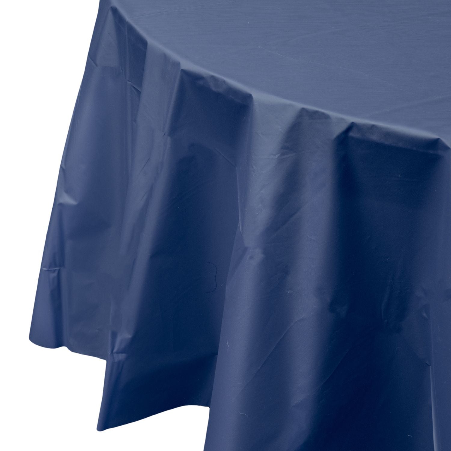 Premium Round Navy Plastic Tablecloth | 96 Count