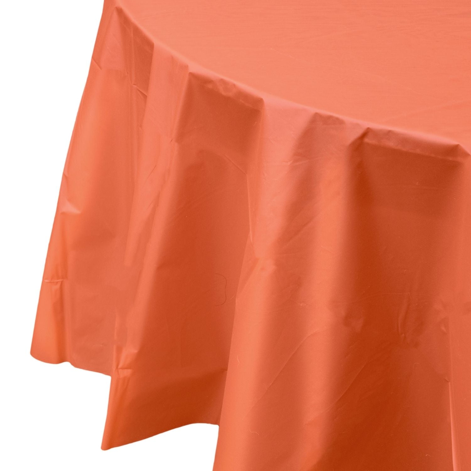 Premium Round Orange Plastic Tablecloth | 96 Count