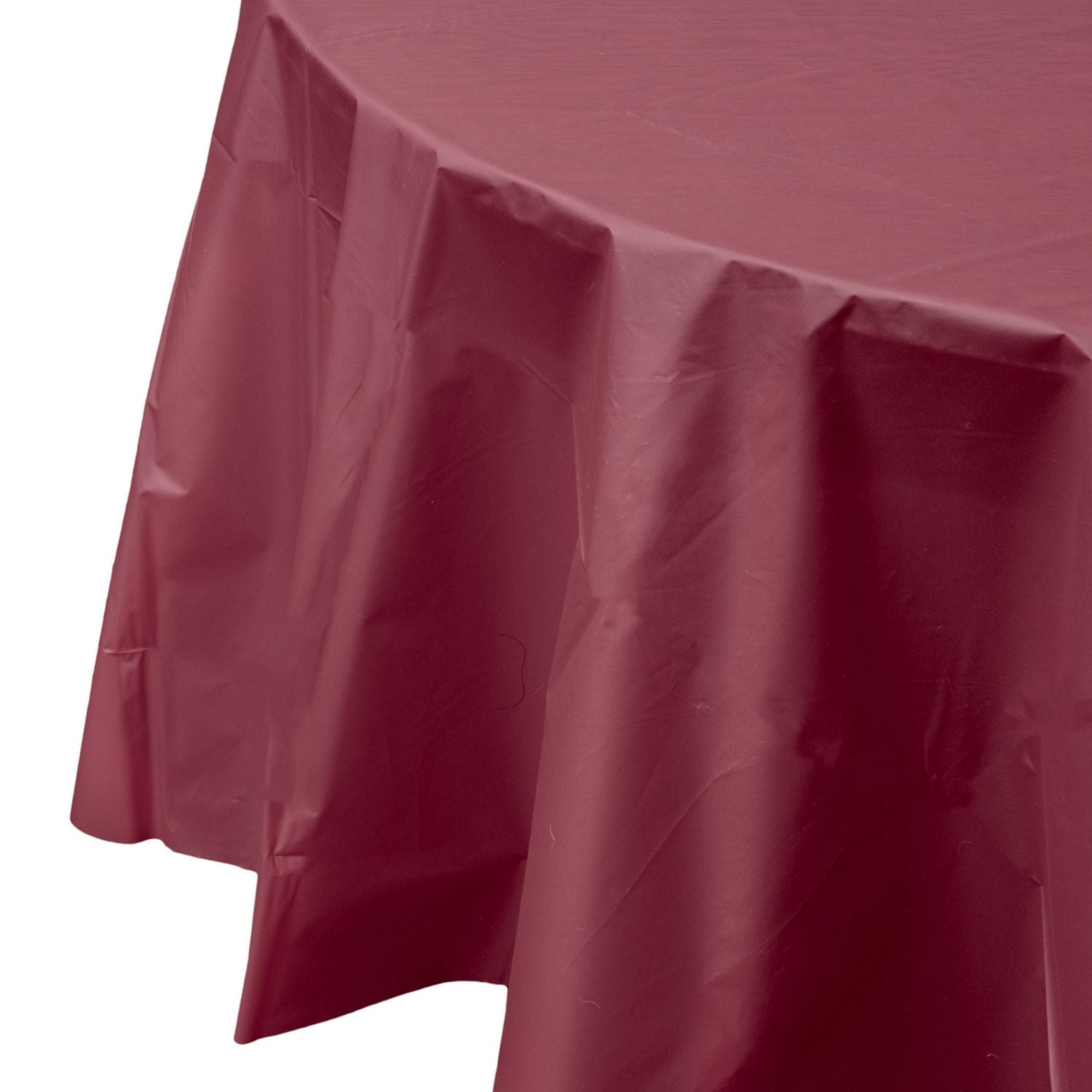 Premium Round Burgundy Plastic Tablecloth | 96 Count