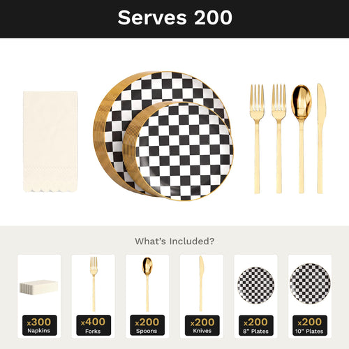 Earthtrends Checkerboard Ultimate Set | Plates, Gold Cutlery & Napkins | Serves 200