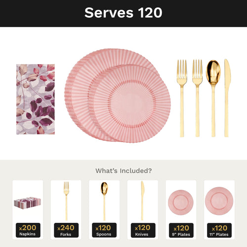 Rose Quartz Gemstone Ultimate Set | Plates, Gold Cutlery & Napkins | Serves 120