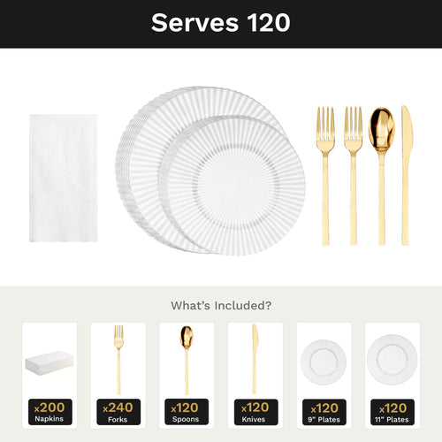 Crystal Gemstone Ultimate Set | Plates, Gold Cutlery & Napkins | Serves 120