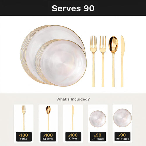 Clear Luster Deluxe Set | Plates & Gold Cutlery | Serves 90