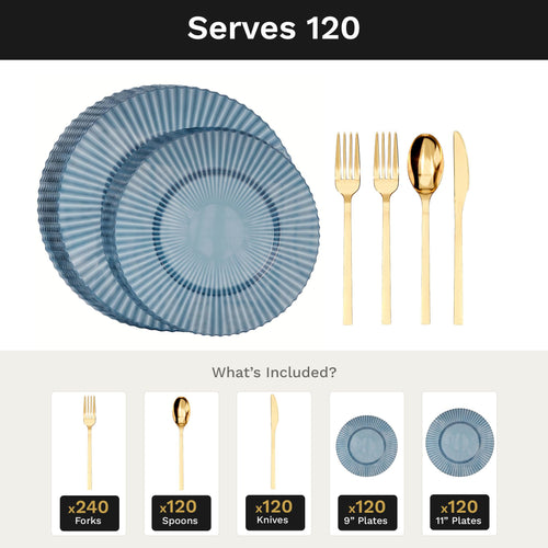 Sapphire Gemstone Deluxe Set | Plates & Gold Cutlery | Serves 120