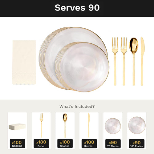 Clear Luster Ultimate Set | Plates, Gold Cutlery & Napkins | Serves 90