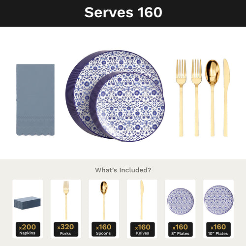 Earthtrends Florentine Ultimate Set | Plates, Gold Cutlery & Napkins | Serves 160