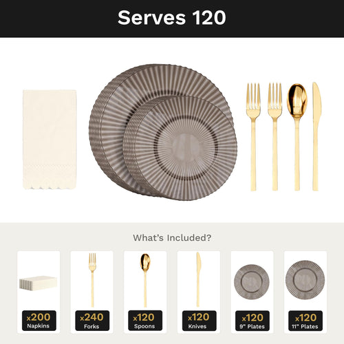 Topaz Gemstone Ultimate Set | Plates, Gold Cutlery & Napkins | Serves 120