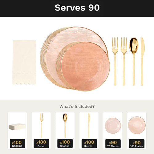Pink Weave Ultimate Set | Plates, Gold Cutlery & Napkins | Serves 90
