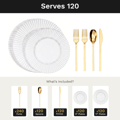 Crystal Gemstone Deluxe Set | Plates & Gold Cutlery | Serves 120