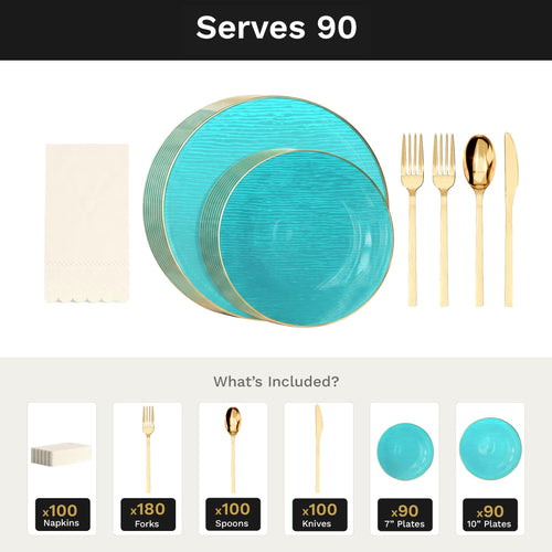 Turquoise Weave Ultimate Set | Plates, Gold Cutlery & Napkins | Serves 90