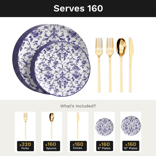 Earthtrends Chantilly Deluxe Set | Plates & Gold Cutlery | Serves 160