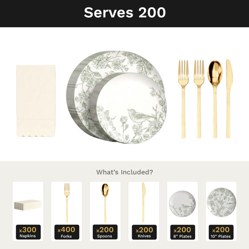 Earthtrends Yaffa Ultimate Set | Plates, Gold Cutlery & Napkins | Serves 200