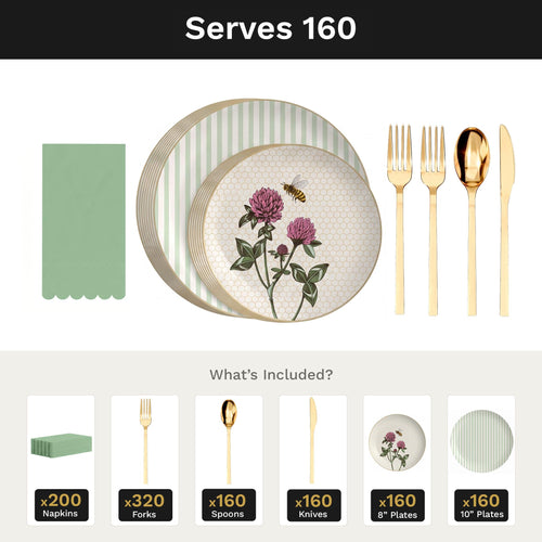 Earthtrends Sweet Life Ultimate Set | Plates, Gold Cutlery & Napkins | Serves 160